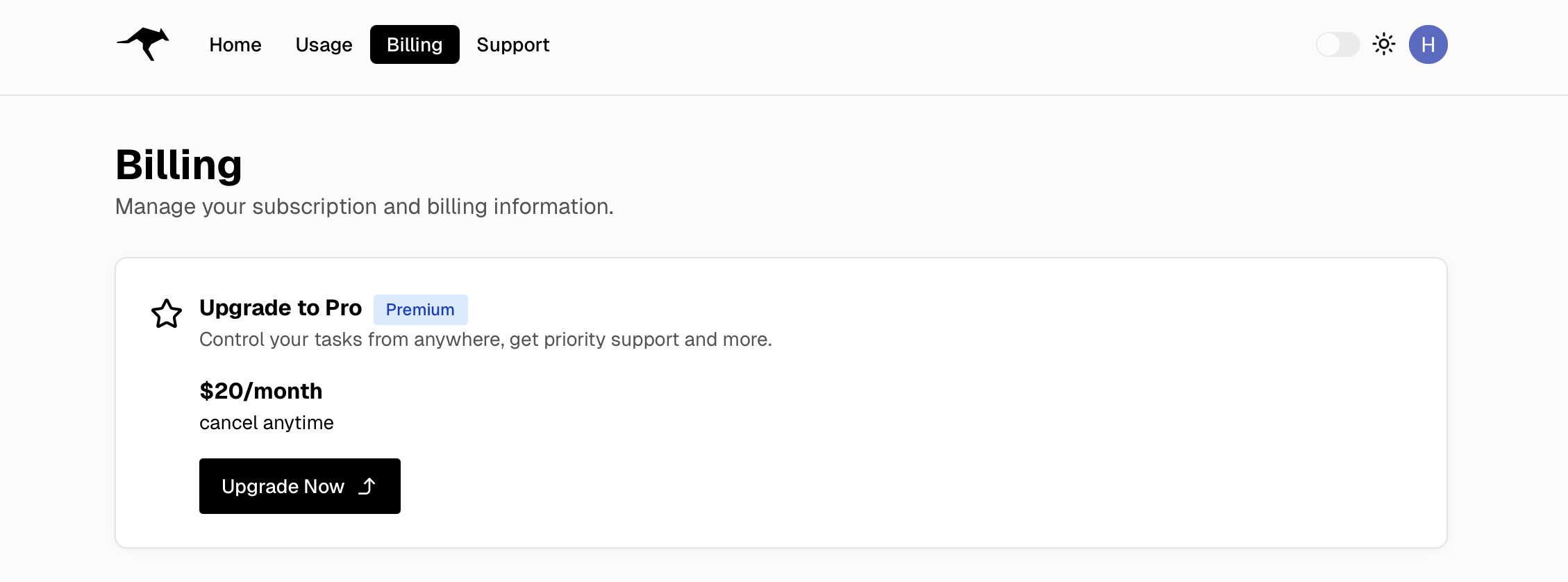 Billing page showing Upgrade to Pro option