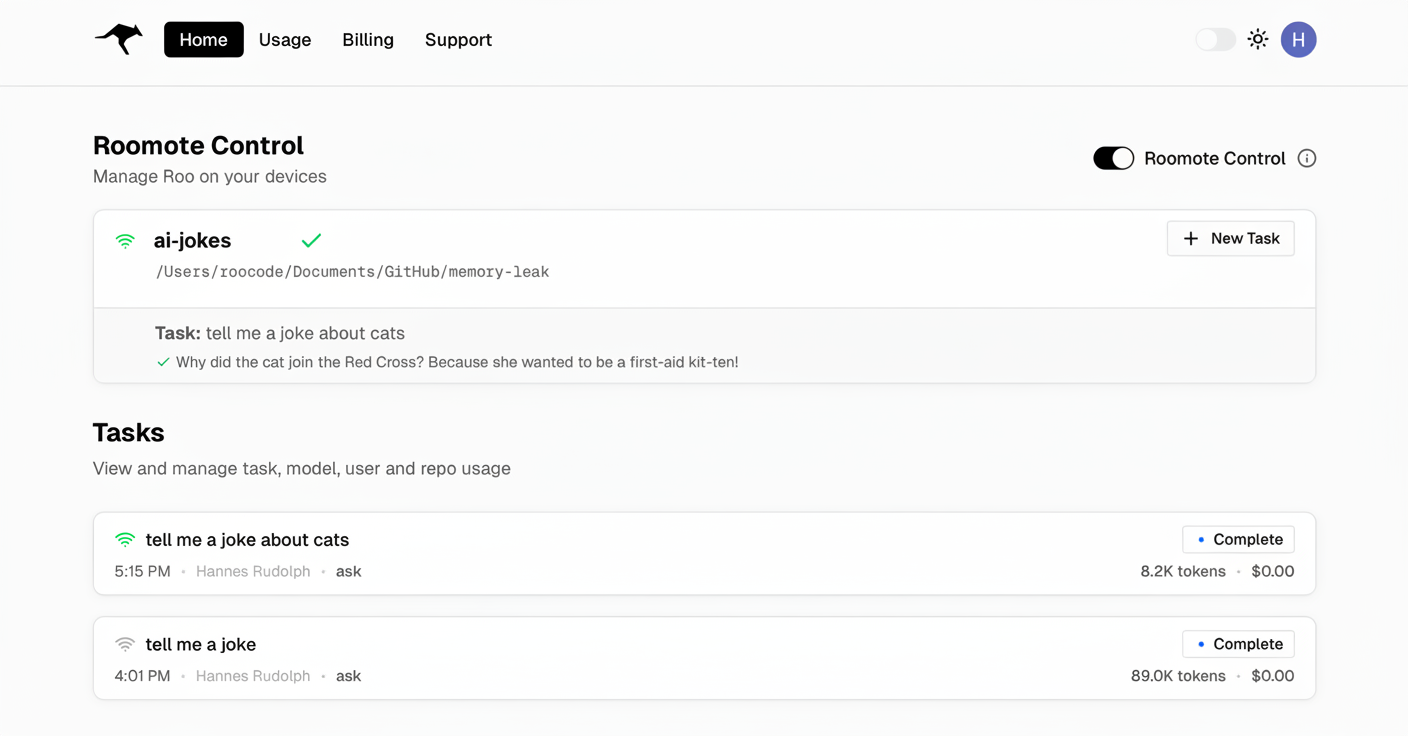 Roo Code Cloud Home page showing Roomote Control and Tasks sections