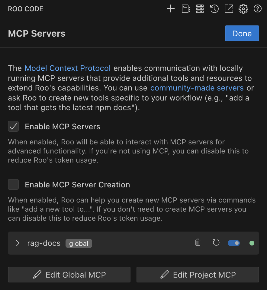 MCP Servers interface in Roo Code